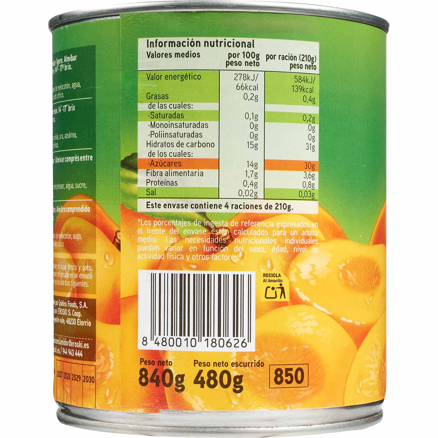 Préssec en almívar lleuger EROSKI, llauna 480 g