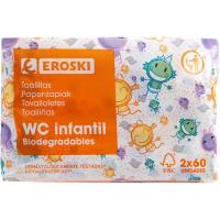 Toallitas wc infantil biodegradable EROSKI, pack 2x60 uds. Toallitas wc infantil biodegradable EROSKI, pack 2x60 uds.