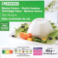 Queso fresco bajo contenido de sal EROSKI, pack 4x62,5 g Queso fresco bajo contenido de sal EROSKI, pack 4x62,5 g