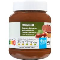 Crema cacau 1 gust 13% avellana sense palmell EROSKI, flascó 400 g Crema cacau 1 gust 13% avellana sense palmell EROSKI, flascó 400 g