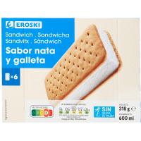 Helado sandwich de nata y galleta EROSKI, pack 6x100 ml Helado sandwich de nata y galleta EROSKI, pack 6x100 ml