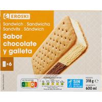 Helado sandwich de chocolate y galleta EROSKI, pack 6x100 ml Helado sandwich de chocolate y galleta EROSKI, pack 6x100 ml