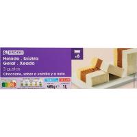 Gelat tall de xocolata/vainilla/nata EROSKI, caixa 1 litre Gelat tall de xocolata/vainilla/nata EROSKI, caixa 1 litre