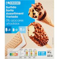 Helados surtidos sin azúcares añadidos EROSKI, pack 6x120 ml