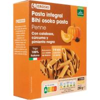 Pasta integral penne carbassa EROSKI, caixa 250 g