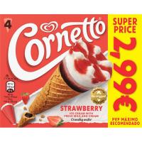 Helado Cono sabor fresa y crema nata CORNETTO, pack 4x90 ml