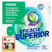 Detergent en càpsules 5n1 eficàcia superior EROSKI, 30 dosi Detergent en càpsules 5n1 eficàcia superior EROSKI, 30 dosi