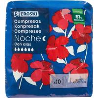 Compreses de nit amb ales EROSKI, paquet 10 u Compreses de nit amb ales EROSKI, paquet 10 u