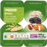 Bífidus fibras con muesli EROSKI, pack 4x125 g